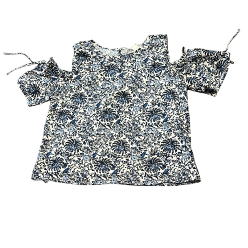 H&M Blue and White Floral Cold Shoulder Blouse w/Ties Size L